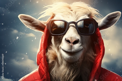  a close up of a goat wearing sunglasses and a red jacket with a red hoodie and clouds in the background. © Shanti