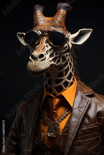 a giraffe wearing a suit and tie with a hat and sunglasses on it's head and wearing a leather jacket.