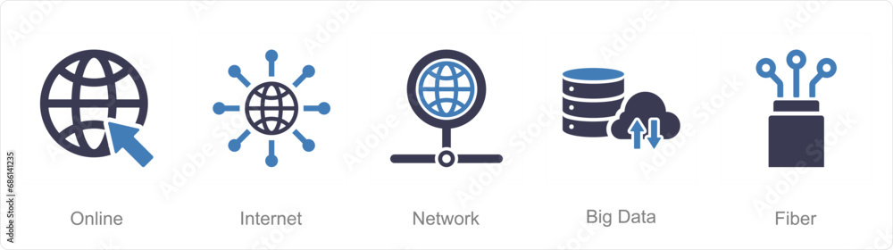 A set of 5 Internet Computer icons as online, internet, network, big data A set of 5 Internet Computer icons as online, internet, network, big data
