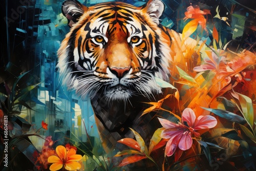  a painting of a tiger surrounded by wildflowers and other wildflowers, with a city in the background.