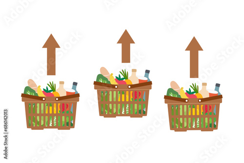 Grocery basket with high graph. Cost of living, growth of grocery price, economic inflation vector illustration