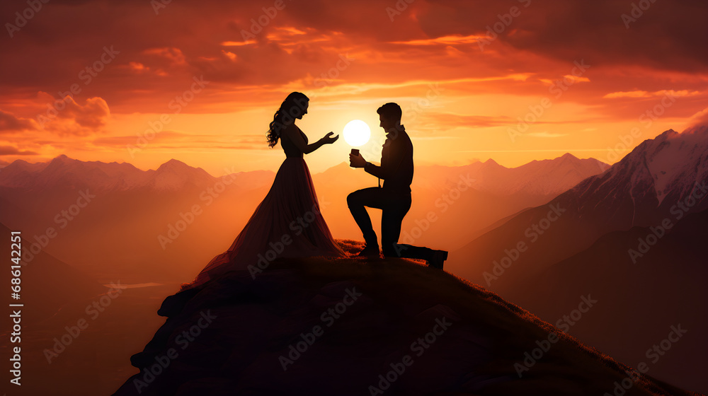 Silhouettes of a man is making marriage proposal to woman Silhouettes of a man is making marriage proposal to woman