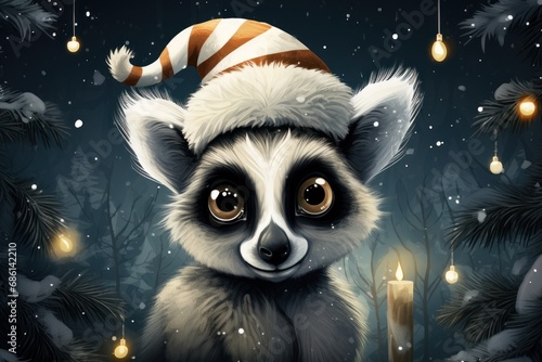  a painting of a raccoon wearing a santa hat with a candle in front of a christmas tree with lights.