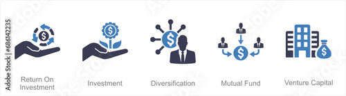 A set of 5 Investment icons as investment, diversification, mutual fund