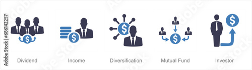 A set of 5 Investment icons as dividend, income, diversification