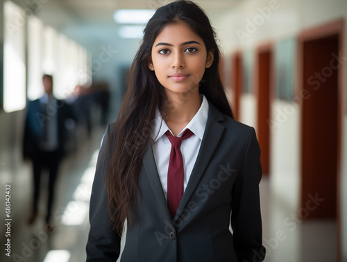 Confident Indian Female High School Student in Hallway