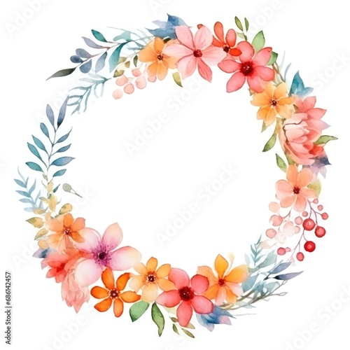 Circle frame of watercolor flowers and leaves on white background.