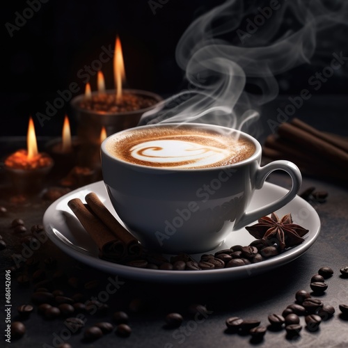 Cup of coffee on wooden table with cinnamon, morning background. 