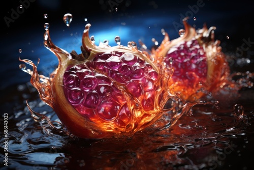  a close up of a pomegranate with water splashing on it and on the top of the pomegranate.