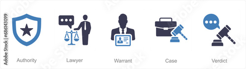A set of 5 Justice icons as authority, lawyer, warrant