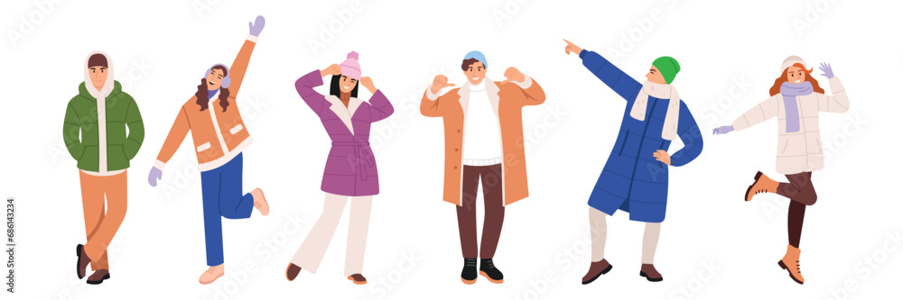 a set of funny characters (girls and men) in warm, modern, fashionable winter clothes a set of funny characters (girls and men) in warm, modern, fashionable winter clothes