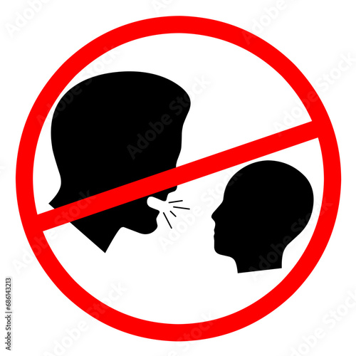 Icon of a sign prohibiting scolding a child with a red circle. Vector silhouette of an adult's head screaming with a child's head.