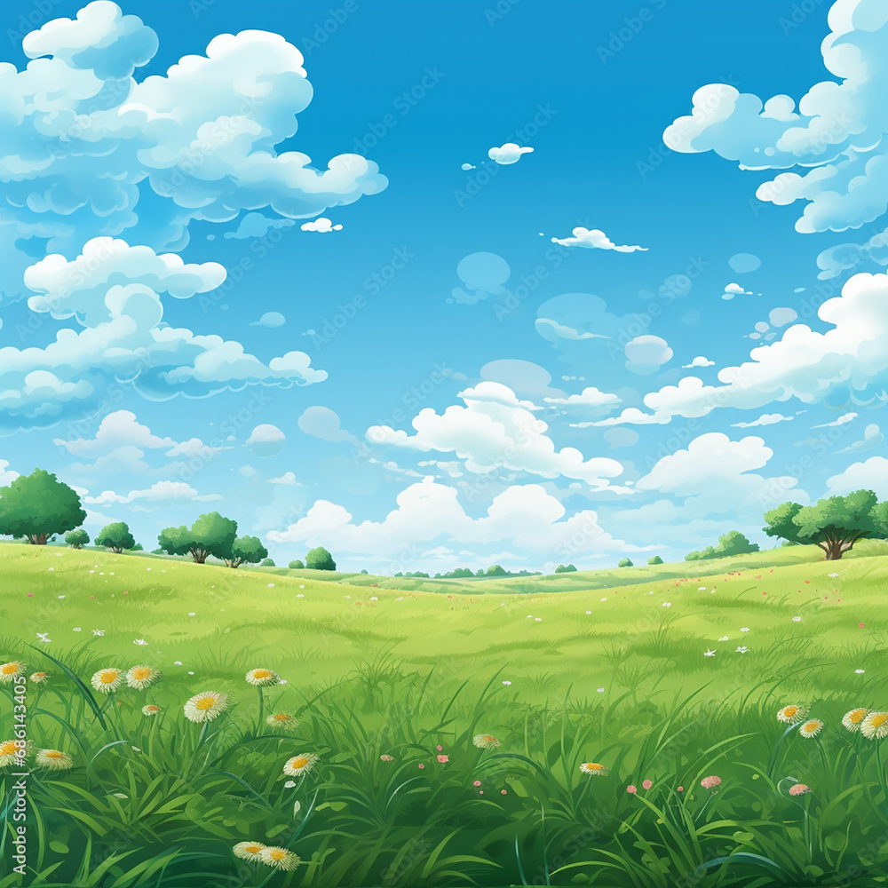 Obraz premium beautiful summer landscape, background with trees, blue sky, with a grassy field during the day