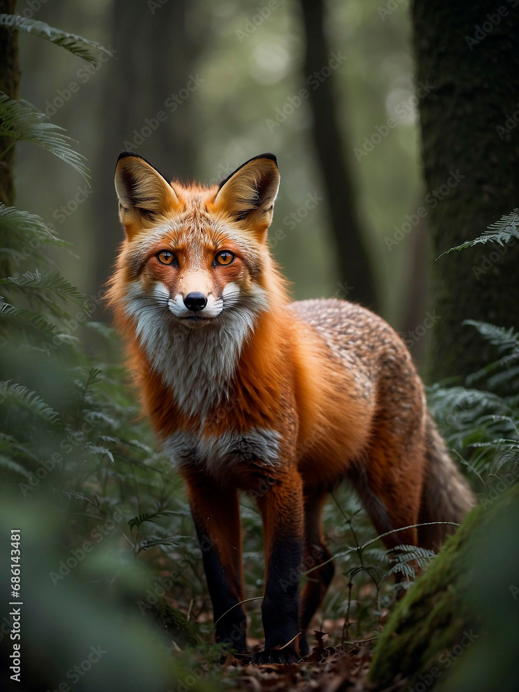 Fox walking cautiously through the forest Fox walking cautiously through the forest