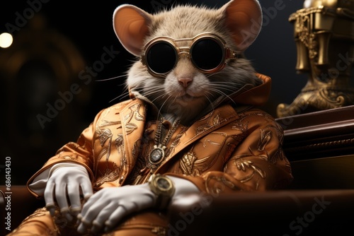  a rat in a suit and sunglasses sitting next to a statue of a darth vader star wars the old republic. photo