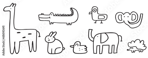 Set of cute little animals. Elephant, crocodile, giraffe, bunny, hedgehog, duck, bird. Hand drawn outline vector illustration on white background.