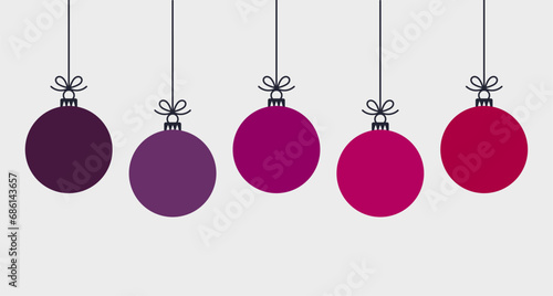Christmas balls purple ornaments background. Christmas card flat design illustration.