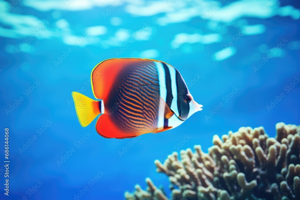 Fototapeta premium Exotic tropical coral reef redtail butterflyfish on natural blue background