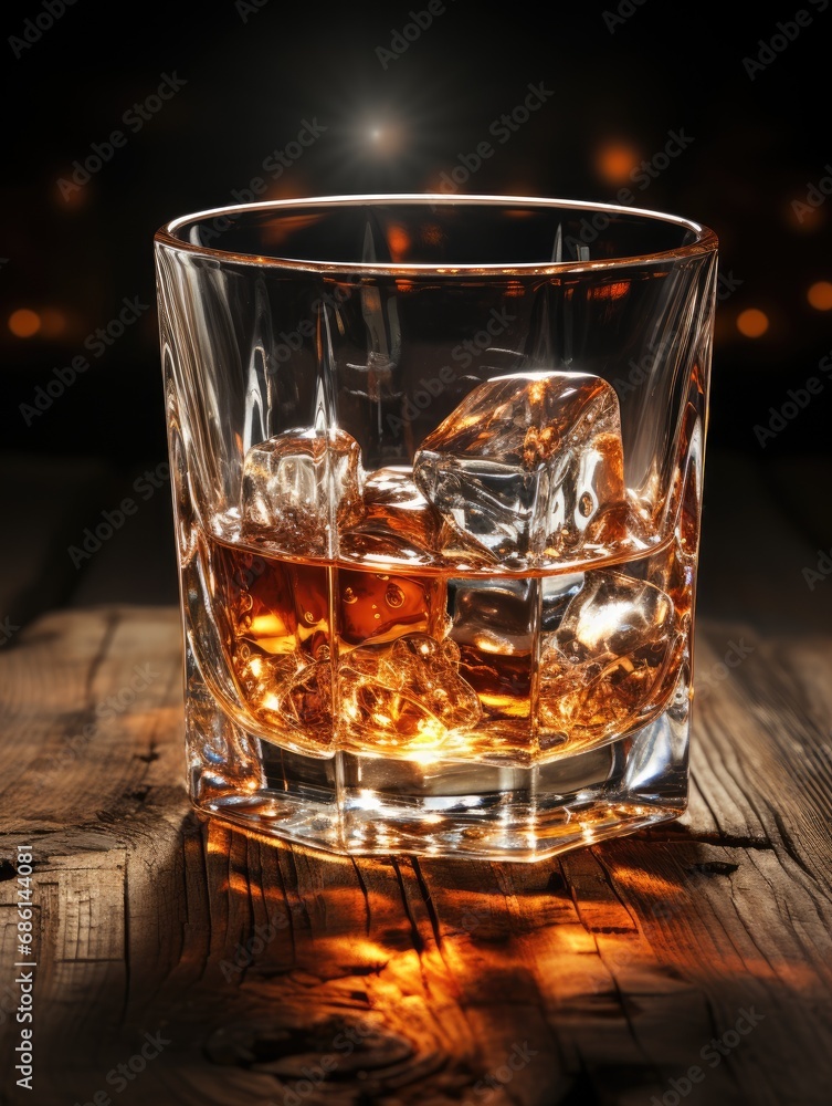 A glass of good whiskey with ice on wooden desk