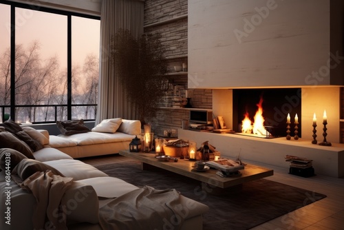 Minimalist interior style of modern living room with sofa  fireplace and concrete walls