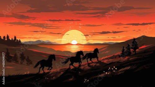 Galloping mustang horse at sunset