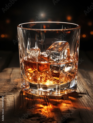 A glass of good whiskey with ice on wooden desk