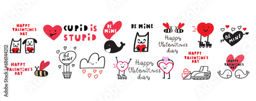 Set of elements for Valentine's day. Cat, dog, bee, cloud, cupid, hearts, phrases. Vector hand drawn design. Illustrations on white background.