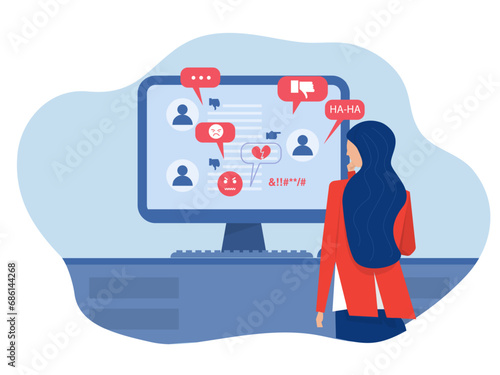 Cyber ​​Bullying concept,woman despresed  with People bullying a girl on internet  by message bubbles Cyber bullying in social networks and online abuse concept.  © TA design