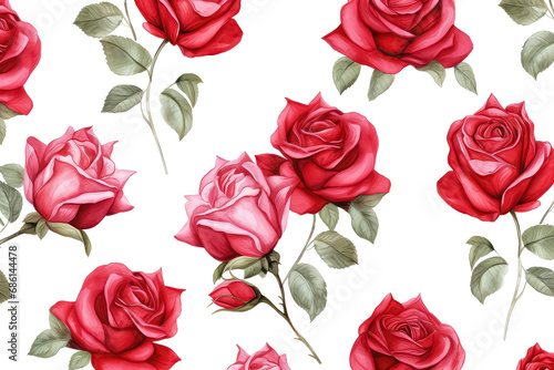 Red roses with buds and petals watercolor on white background, valentines day concept