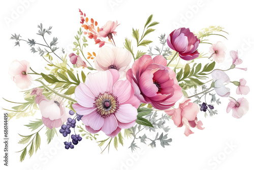 Bouquet composition watercolor on white background, valentines day concept #686144495