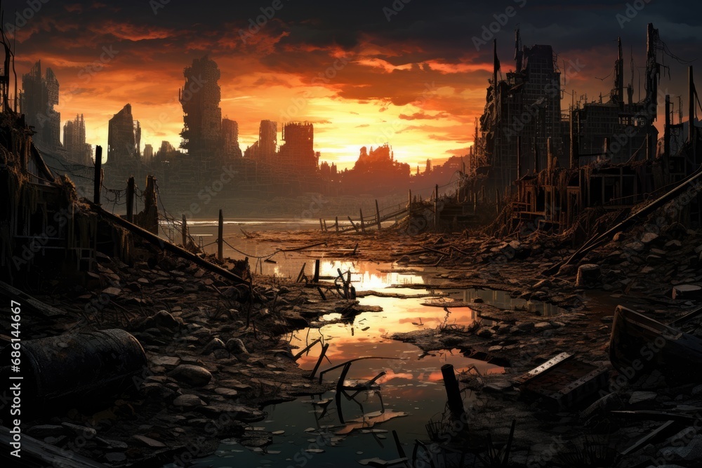 post apocalyptic ruined city with dark destroyed buildings and roads post apocalyptic ruined city with dark destroyed buildings and roads