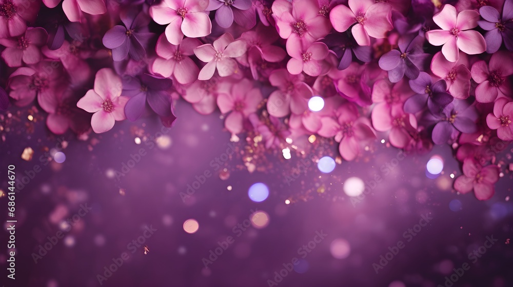 Abstract purple and pink lilac flower petals flying in the air. Summer minimal floral background.
