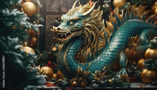 Green Chinese dragon on blurred festive background, new year concept photo