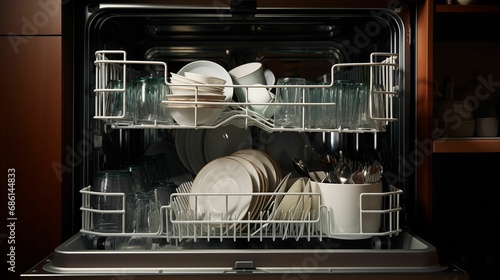 Image of a filled dishwasher with a pile of freshly cleaned dishes.