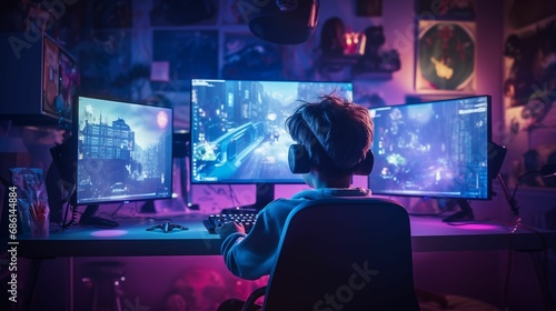 Image of a gamer boy fully immersed in a gaming session.