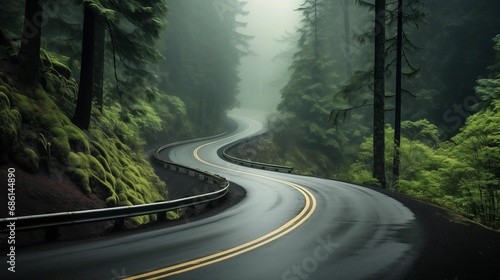 Image of a curvy road winding through a dense forest.