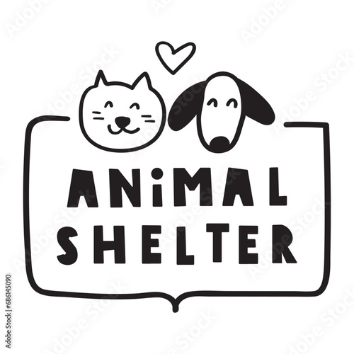 Animal shelter. Cat and dog. Badge. Hand drawn vector illustration on white background.