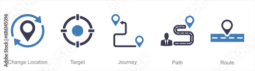 A set of 5 Location icons as change location, target, journey