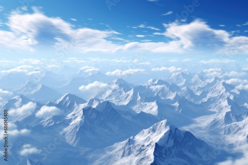  an aerial view of a mountain range with a blue sky and white clouds in the foreground and a blue sky and white clouds in the background. © Shanti