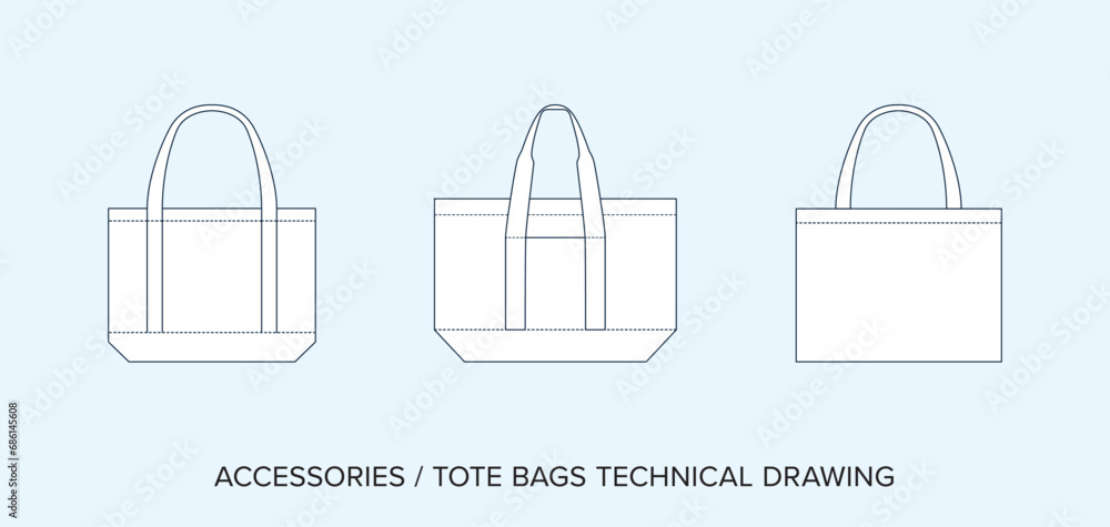 Editable Line Art Vector of Shopping Tote Bag, Isolated Background. Detailed Black & White Clothing Schematics, Two Sides of Garment, Front and Back Designs. Editable Line Art Vector of Shopping Tote Bag, Isolated Background. Detailed Black & White Clothing Schematics, Two Sides of Garment, Front and Back Designs.