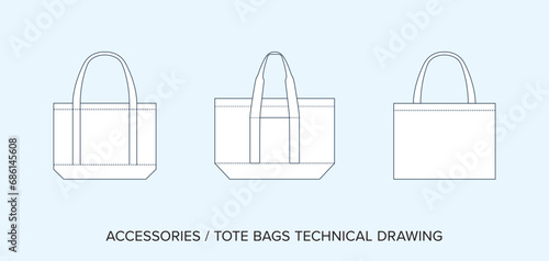 Editable Line Art Vector of Shopping Tote Bag, Isolated Background. Detailed Black & White Clothing Schematics, Two Sides of Garment, Front and Back Designs. 