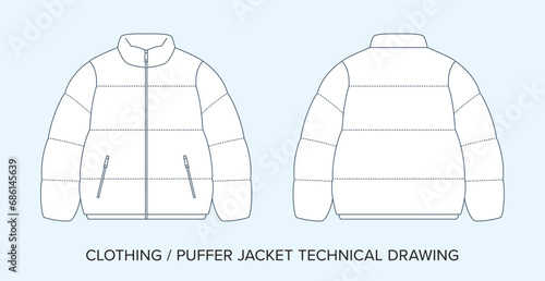 Blank Puffer Jacket Technical Drawing, Apparel Blueprint for Fashion Designers. Detailed Editable Vector Illustration, Black and White Clothing Schematics, Isolated Background photo