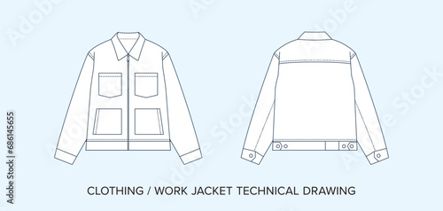 Work Jacket Technical Drawing, Apparel Blueprint for Fashion Designers. Detailed Editable Vector Illustration, Black & White Streetwear Clothing Schematics, Isolated Background. 