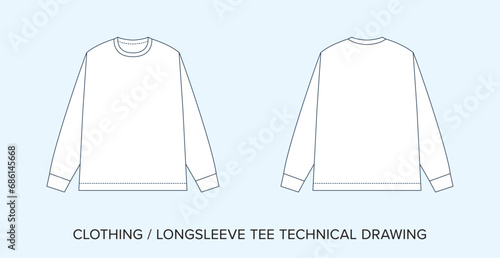 Long-sleeve Tee Technical Drawing, Apparel Blueprint for Fashion Designers. Detailed Editable Vector Illustration, Black and White Clothing Schematics, Isolated Background. 
