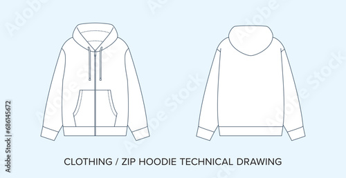 Zip Hoodie Technical Drawing, Blank Apparel Blueprint for Fashion Designers. Detailed Editable Hooded Sweatshirt Vector Illustration, Black and White Clothing Schematics, Isolated Background