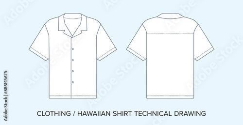 Blank Hawaiian Shirt Technical Drawing, Apparel Blueprint for Fashion Designers. Tropical Shirt Detailed Editable Vector Illustration, Black and White Clothing Schematics, Isolated Background