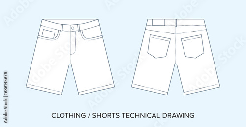 Blank Shorts Technical Drawing, Apparel Blueprint for Fashion Designers. Detailed Editable Vector Illustration, Black and White Clothing Schematics, Isolated Background. 

