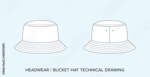 Bucket Hat Technical Drawing, Headwear Blueprint for Fashion Designers. Detailed Editable Vector Illustration, Black and White Accessories Schematics, Isolated Background. 