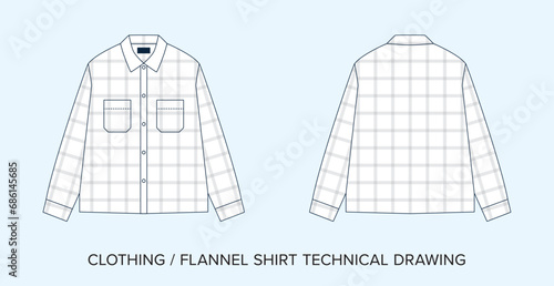 Flannel Shirt Technical Drawing, Apparel Blueprint for Fashion Designers. Vector Illustration, Black and White Plaid Clothing Schematics, Isolated Background.  photo