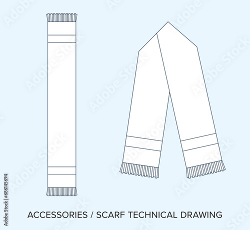 Vector Illustration of a Blank Scarf Technical Blueprint, Ideal for Fashion Designers. Detailed and Editable, Featuring Black and White Neckwear Schematics on Isolated Background.
